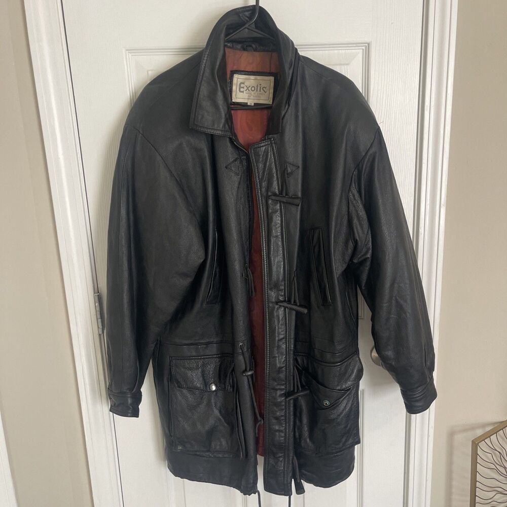 Vintage Black Leather Exotic Trench Coat Jacket with Zip & Toggle Closure Size M